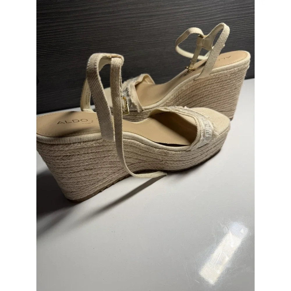 Aldo Sandals Womens Size 11 Espadrille Beige Ankle Strap Open Toe  Wedge Heel C3